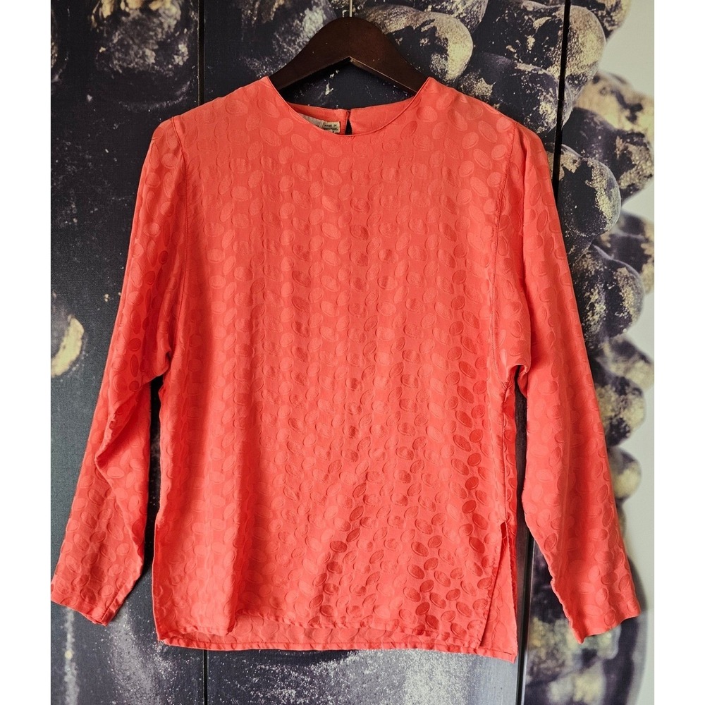 Nina Ricci Charm Vintage Coral Pink Jacquard Leaf Long Sleeve Blouse Size 10